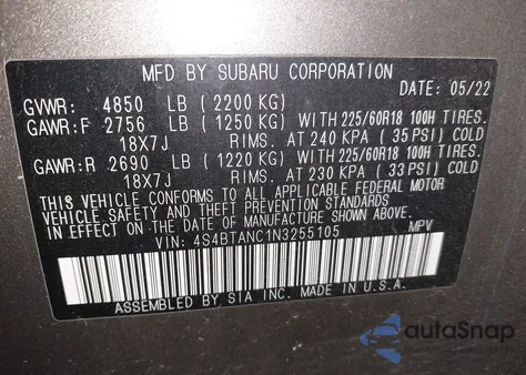 2022 Subaru Outback Limited from USA, damaged, VIN 4S4BTANC1N3255105